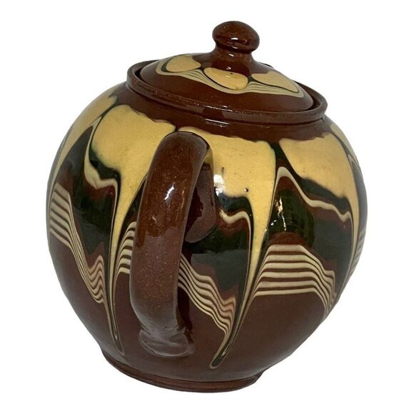 Vintage Redware Teapot Made Bulgaria Flower Fading Brown Yellow Drip Glaze READ - Picture 3 of 14